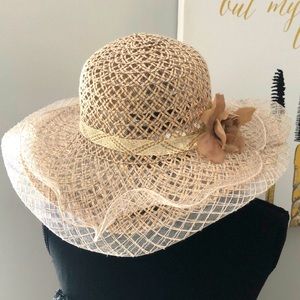Special Occasion hat/ sun hat Beige raffia and lace with flower detail